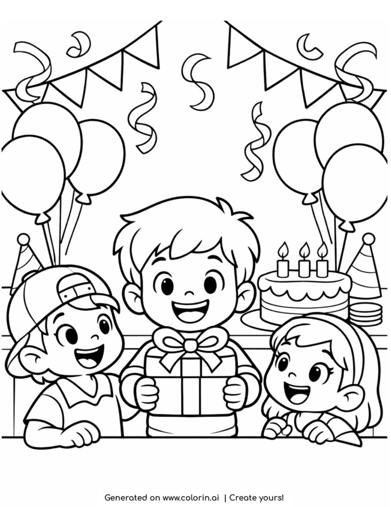 kids celebrating birthday with gift and cake coloring page with balloons and party decorations