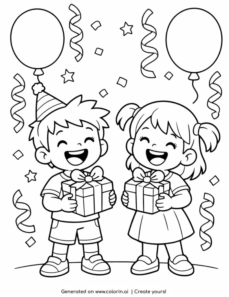 kids holding gifts with balloons coloring page with confetti and party hats