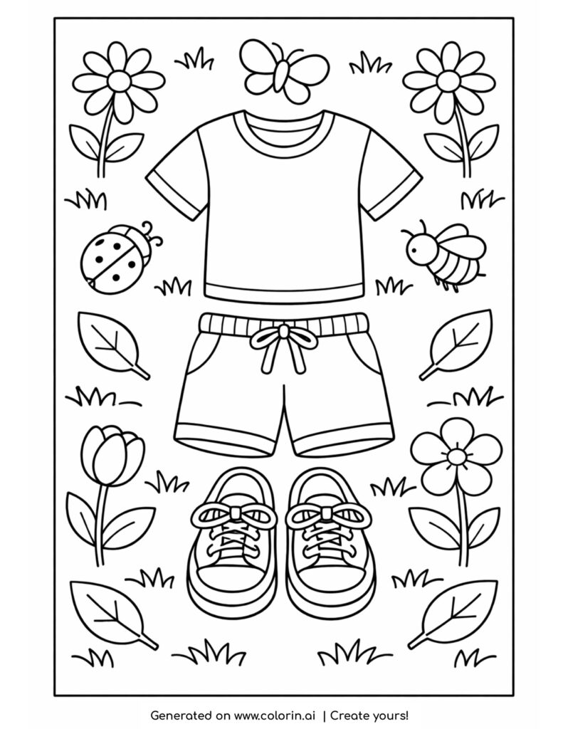 kids outfit with shirt shorts shoes surrounded by flowers and insects coloring page