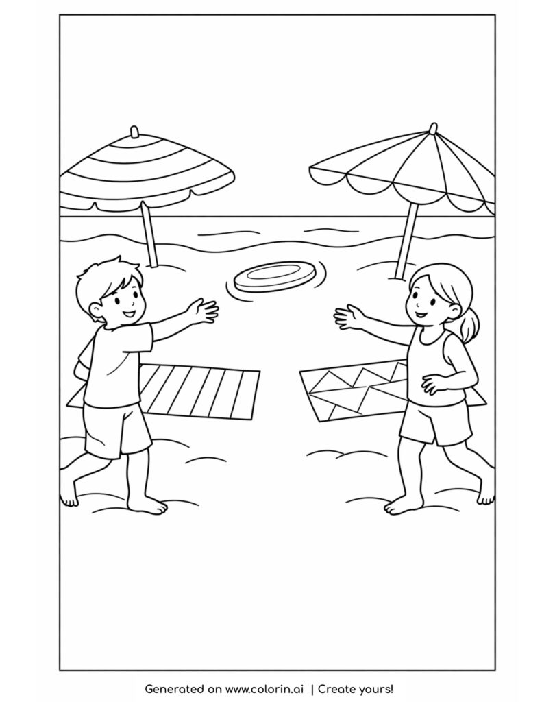 kids playing frisbee on beach coloring page with umbrellas towels and ocean