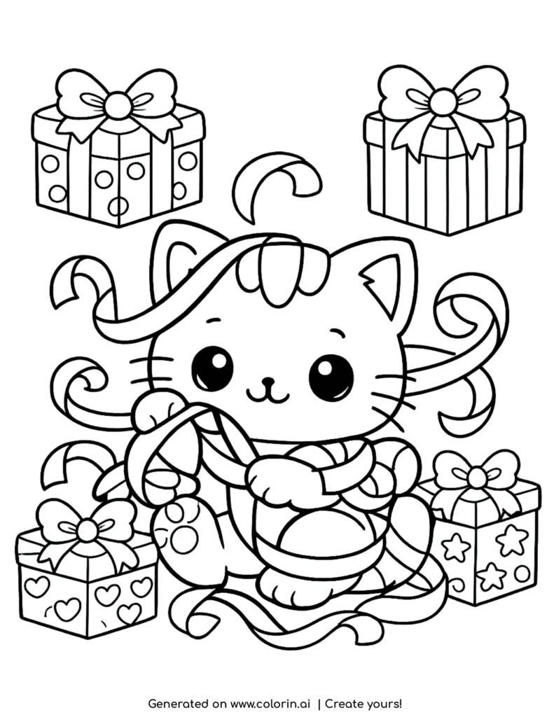 kitten playing with gift ribbons coloring page with presents and bows around