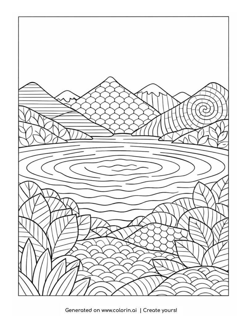 lake with mountains and ripple water surrounded by leaves coloring page