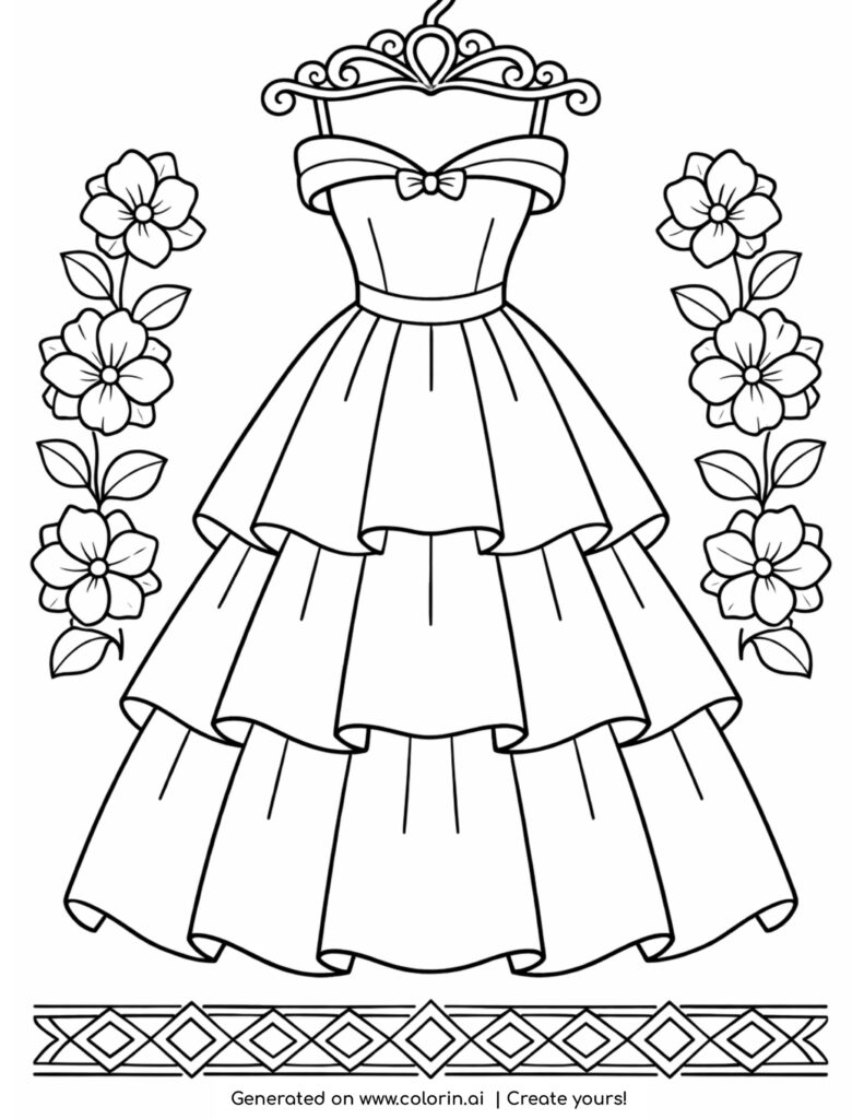 layered gown dress with floral decorations coloring page