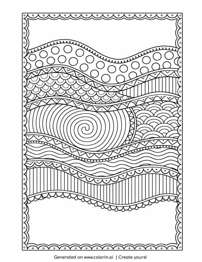 layered wave patterns with border coloring page with spiral center and decorative edges