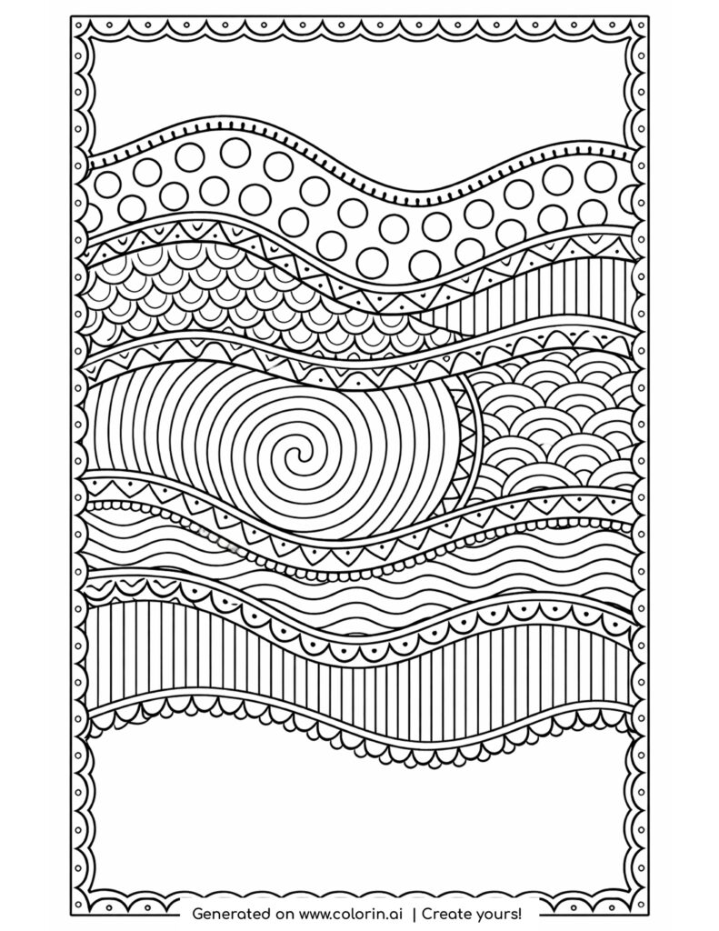 layered wave patterns with border coloring page with spiral center and decorative edges
