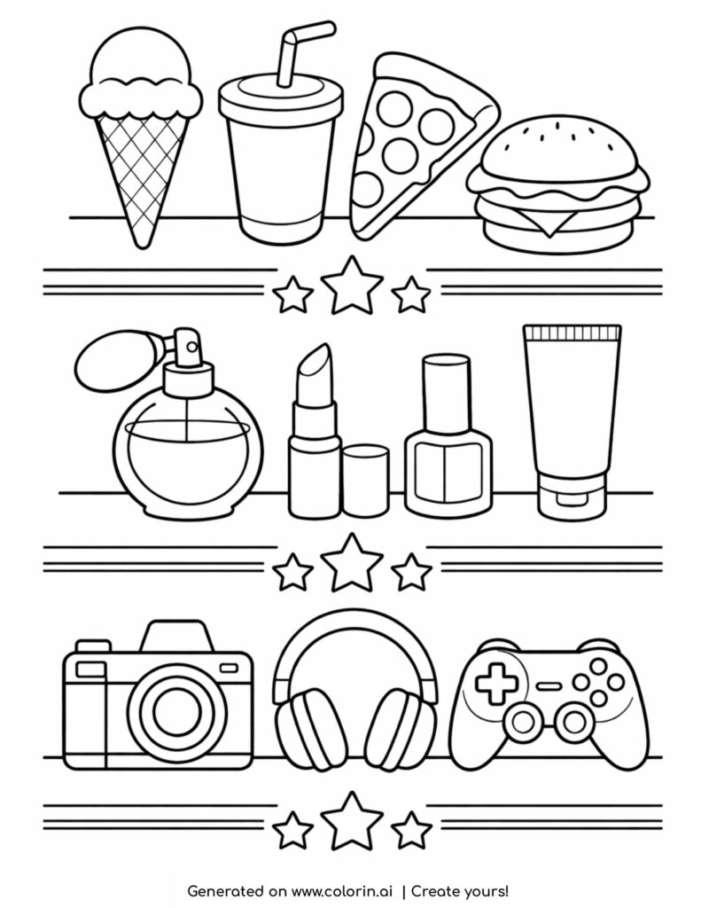 lifestyle items collage with stars coloring page with food beauty and gadgets