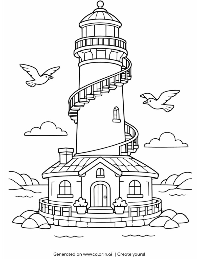 lighthouse spiral stairs and birds coloring page with flying seagulls and coastal house