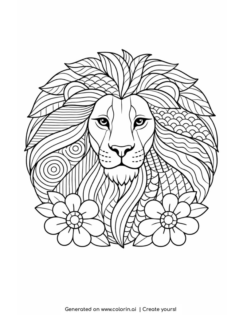 lion with patterned mane and flowers coloring page with decorative mane and floral details
