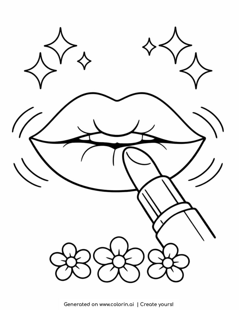 lips applying lipstick with sparkles coloring page with flowers and motion lines
