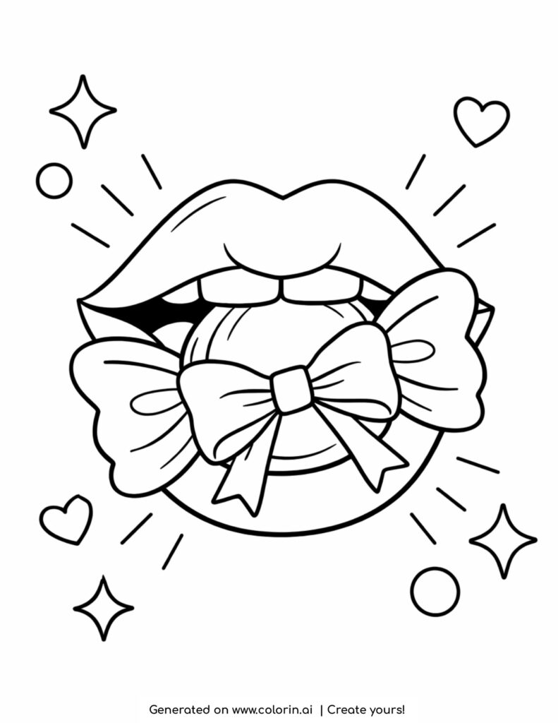 lips biting candy with bow coloring page with stars hearts and shine lines