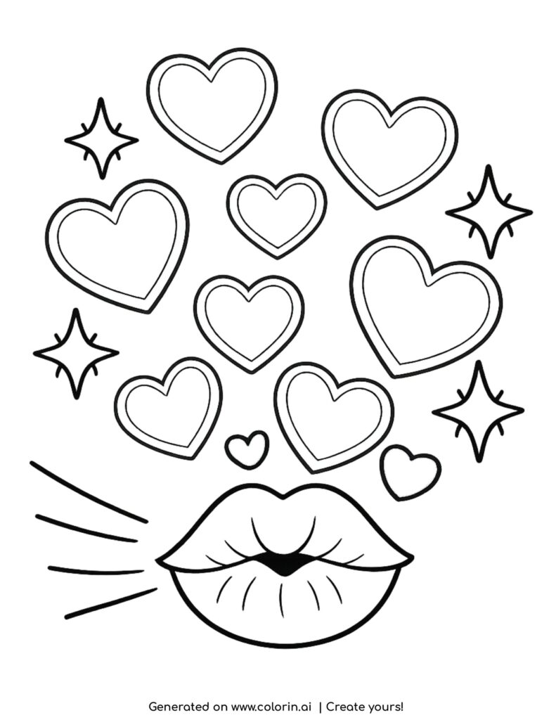 lips blowing hearts and sparkles coloring page with floating hearts and shine lines