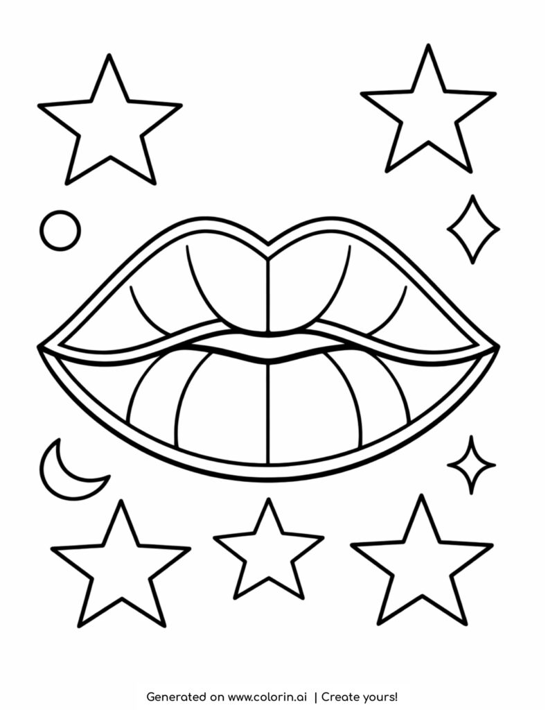 lips with double outline and stars coloring page with moon and abstract shapes