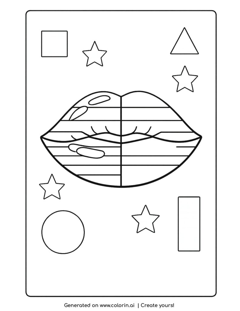 lips with glossy matte split and shapes coloring page with stars and geometric elements