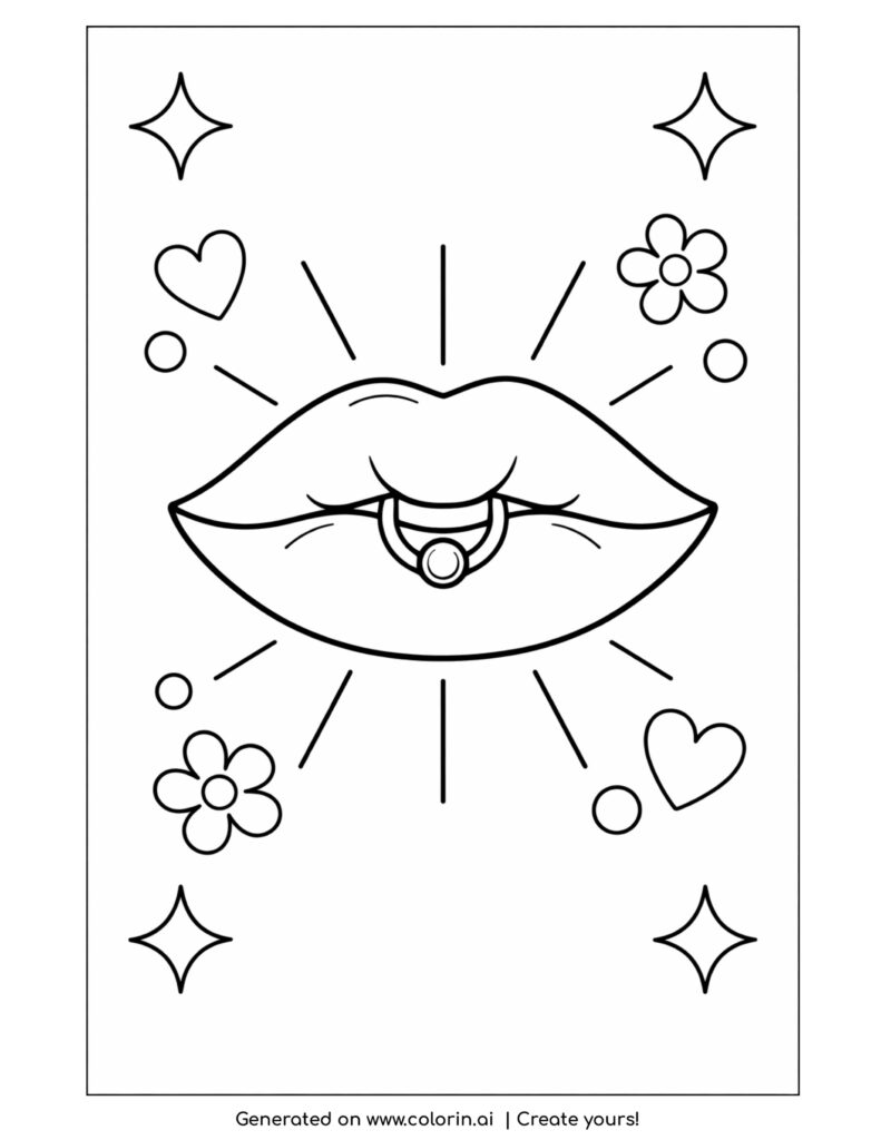 lips with piercing and sparkles coloring page with hearts and flowers