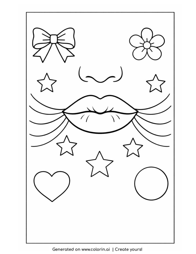 lips with stars and decorative shapes coloring page with bow flower and heart