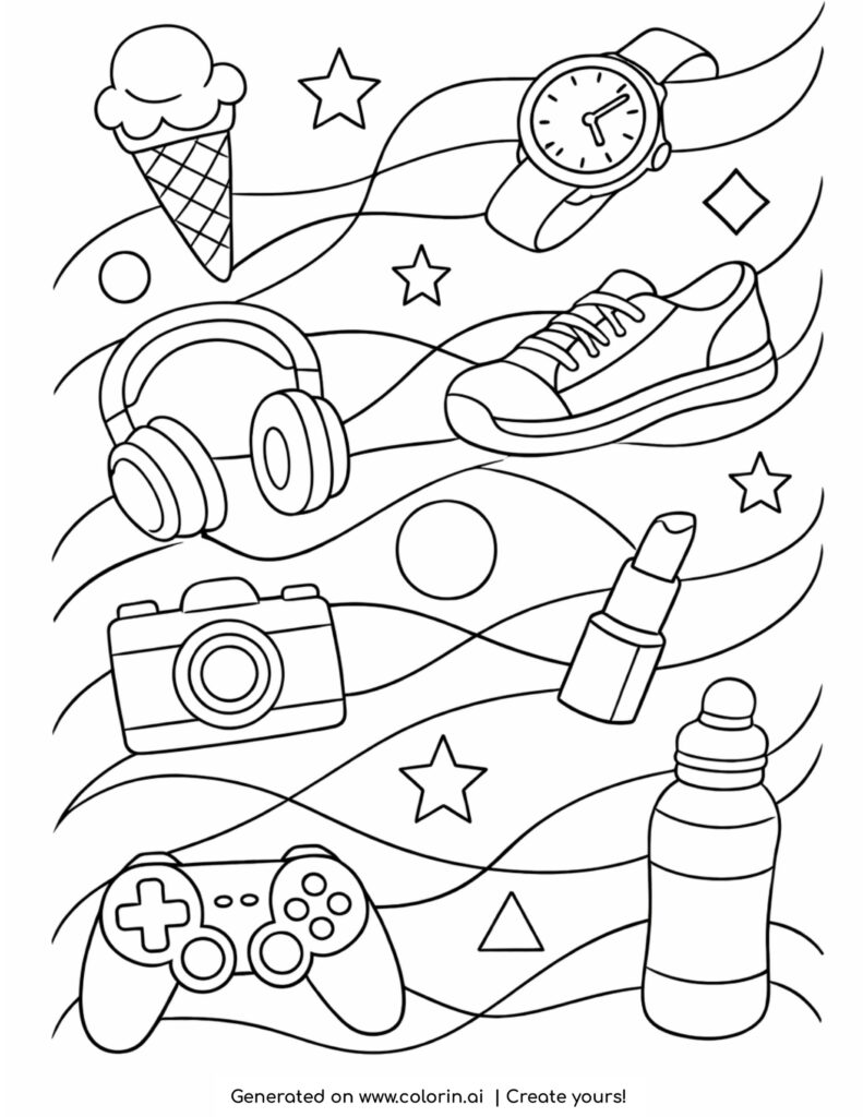 lipstick among lifestyle objects coloring page with shoes headphones and accessories