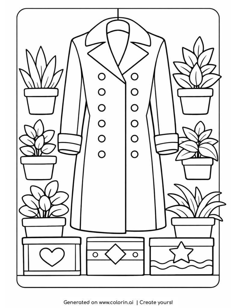 long coat hanging with plants coloring page featuring buttons, potted plants and decorative boxes