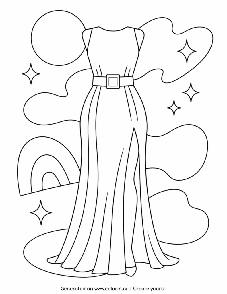 long dress with stars background coloring page featuring flowing fabric and abstract shapes