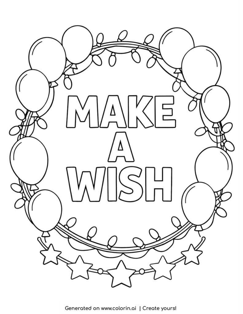 make a wish balloon frame coloring page with lights and stars around text