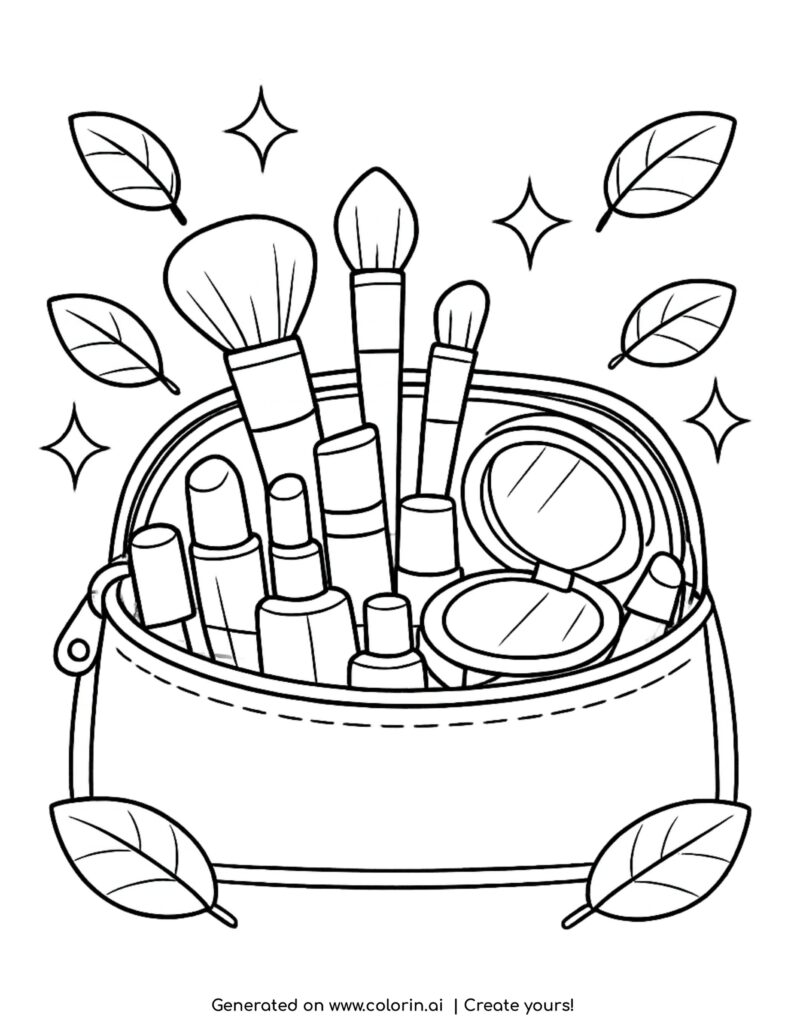 makeup bag with brushes and cosmetics coloring page with leaves and beauty items