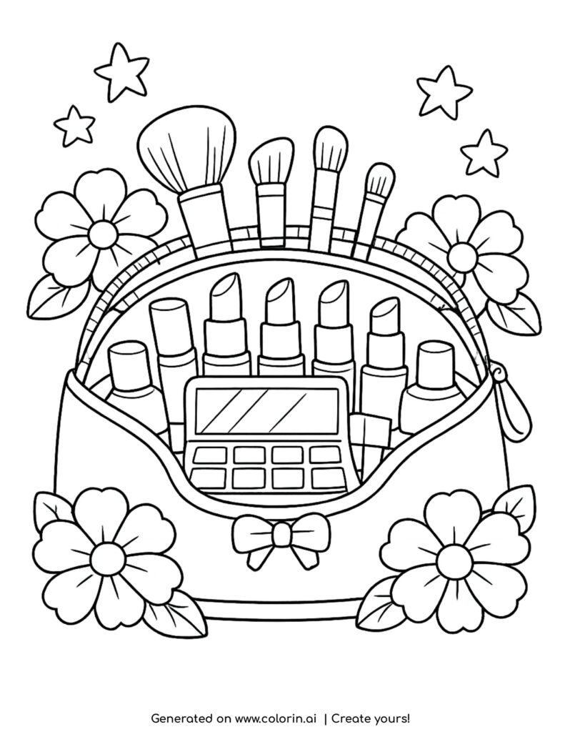 makeup bag with cosmetics coloring page featuring brushes lipsticks and flowers