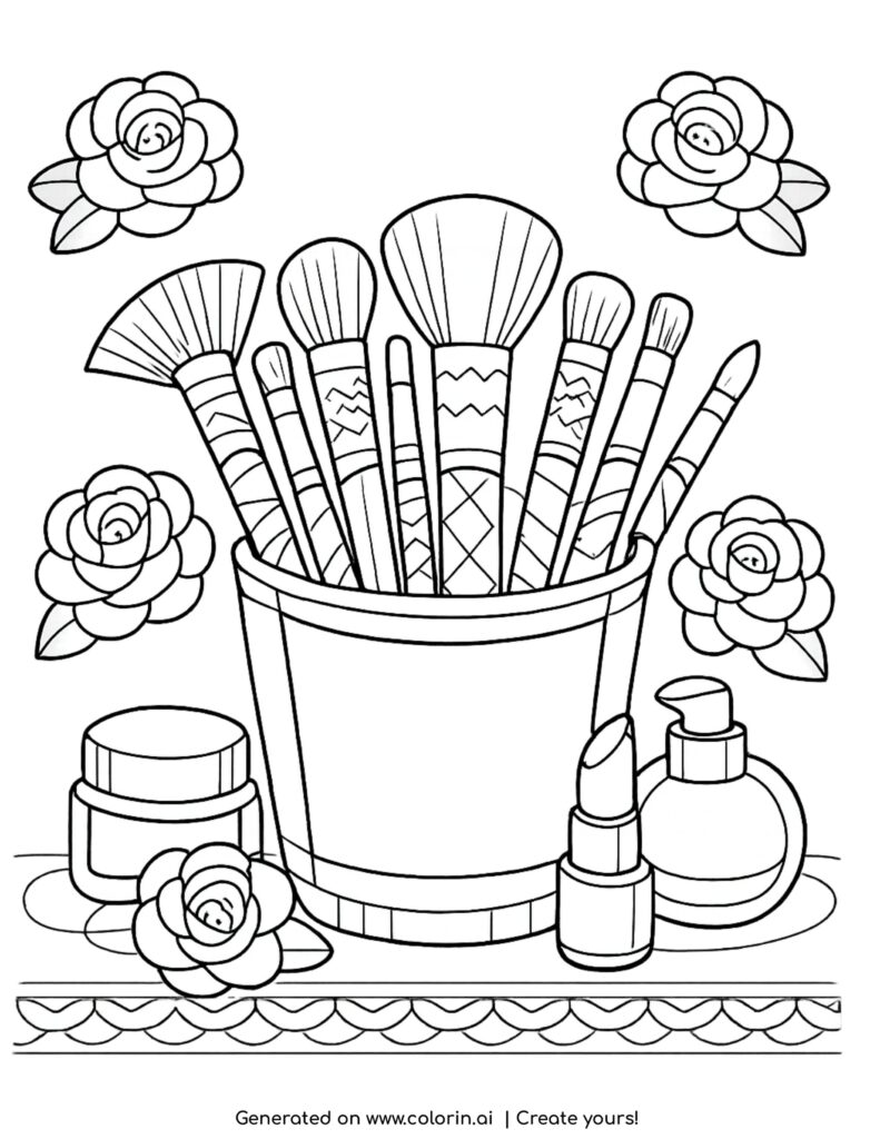 makeup brushes in a cup with cosmetics coloring page with flowers and beauty items