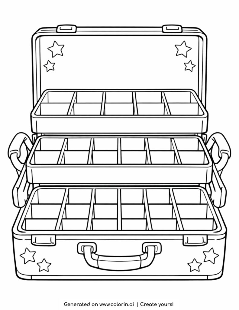 makeup case with compartments open coloring page with organized trays and stars