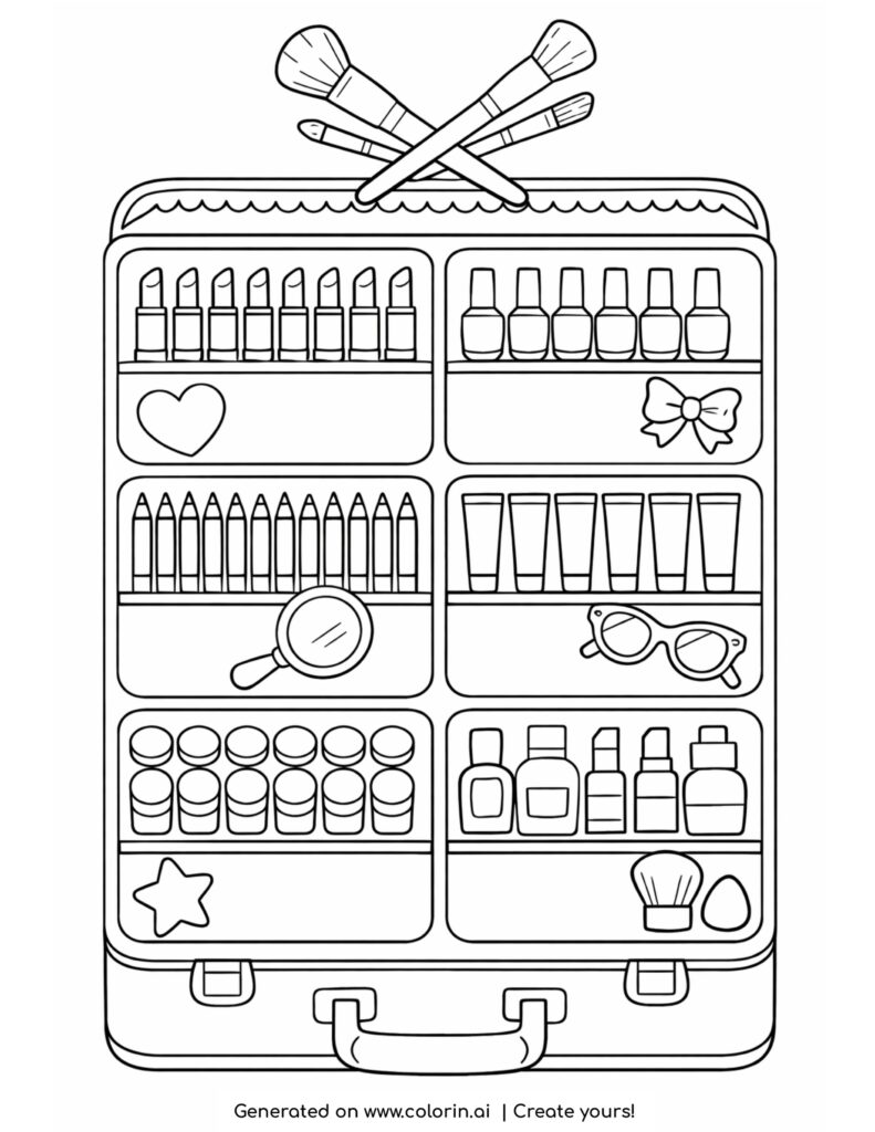 makeup case with organized cosmetics coloring page with brushes lipsticks and beauty items
