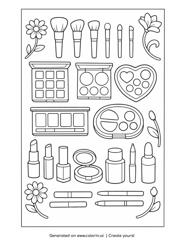 makeup collection with brushes and palettes coloring page with flowers