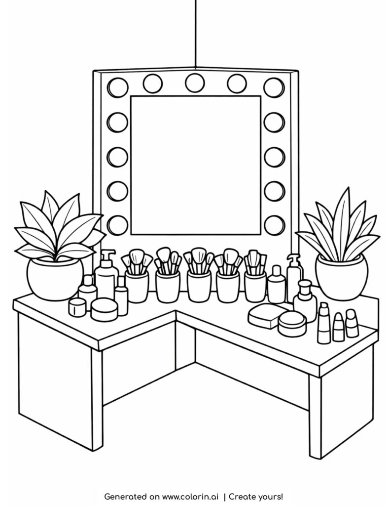 makeup corner vanity with lights coloring page with mirror and cosmetics