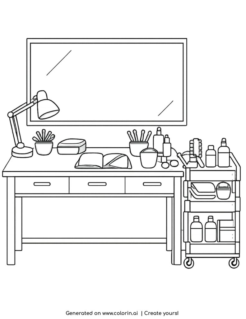 makeup desk with mirror and cart coloring page with lamp and cosmetics