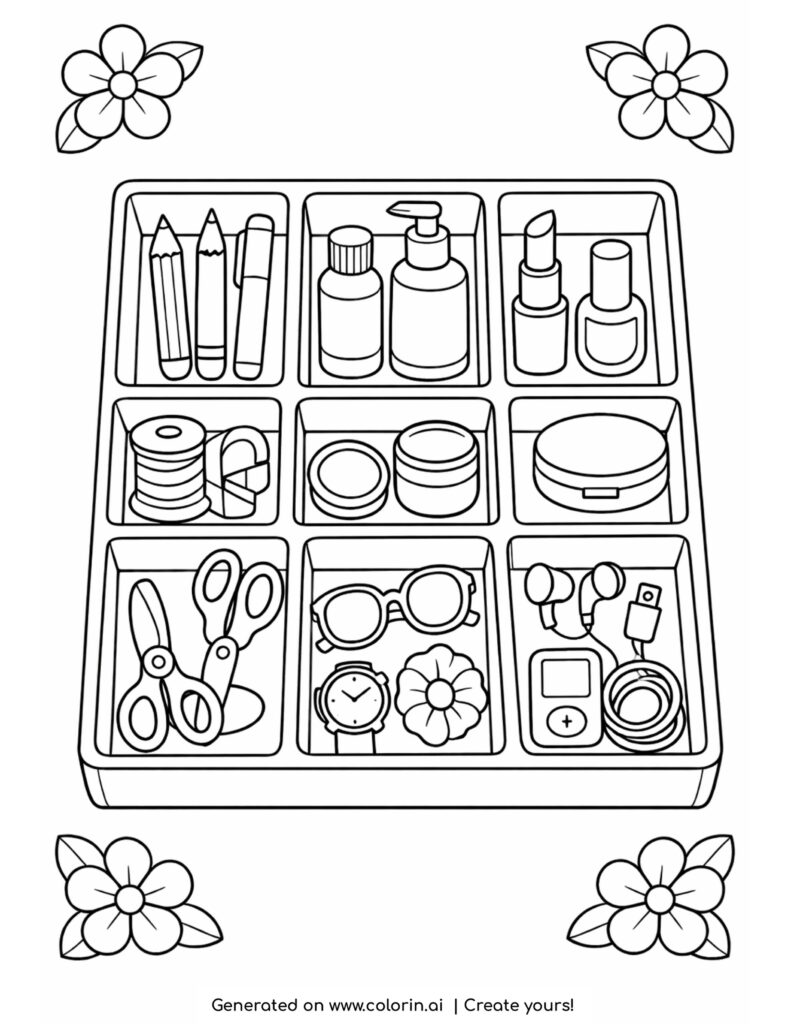 makeup organizer tray with compartments coloring page with beauty items and flowers