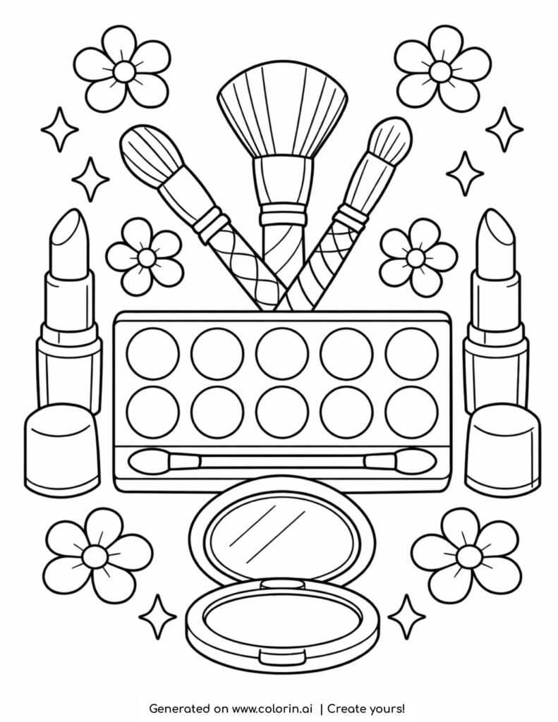 makeup palette with brushes lipsticks coloring page with flowers and beauty tools
