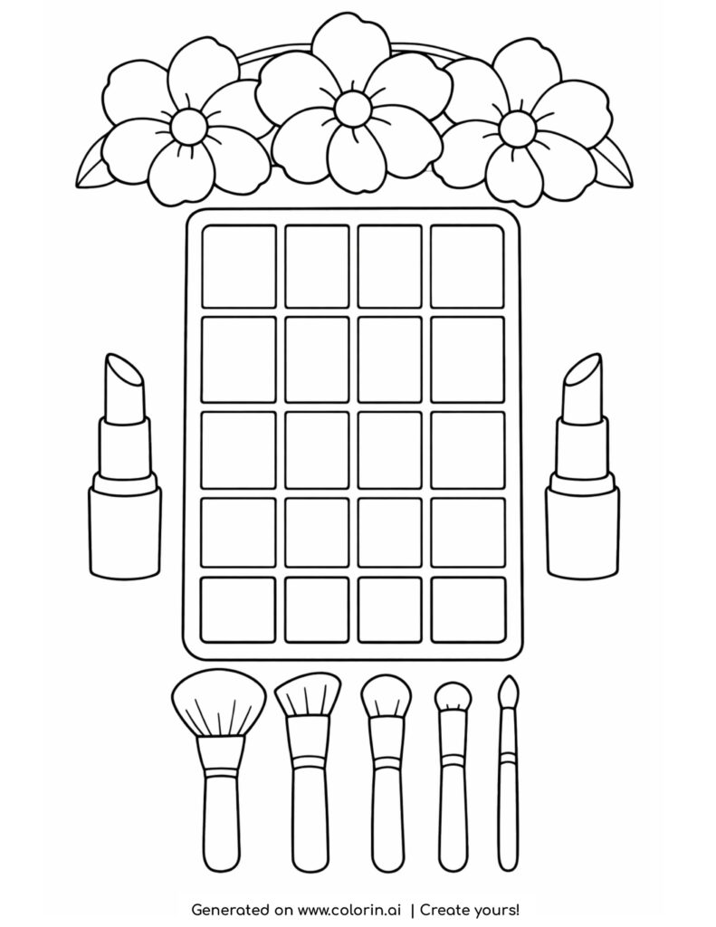 makeup palette with flowers and lipsticks coloring page with brushes and beauty tools