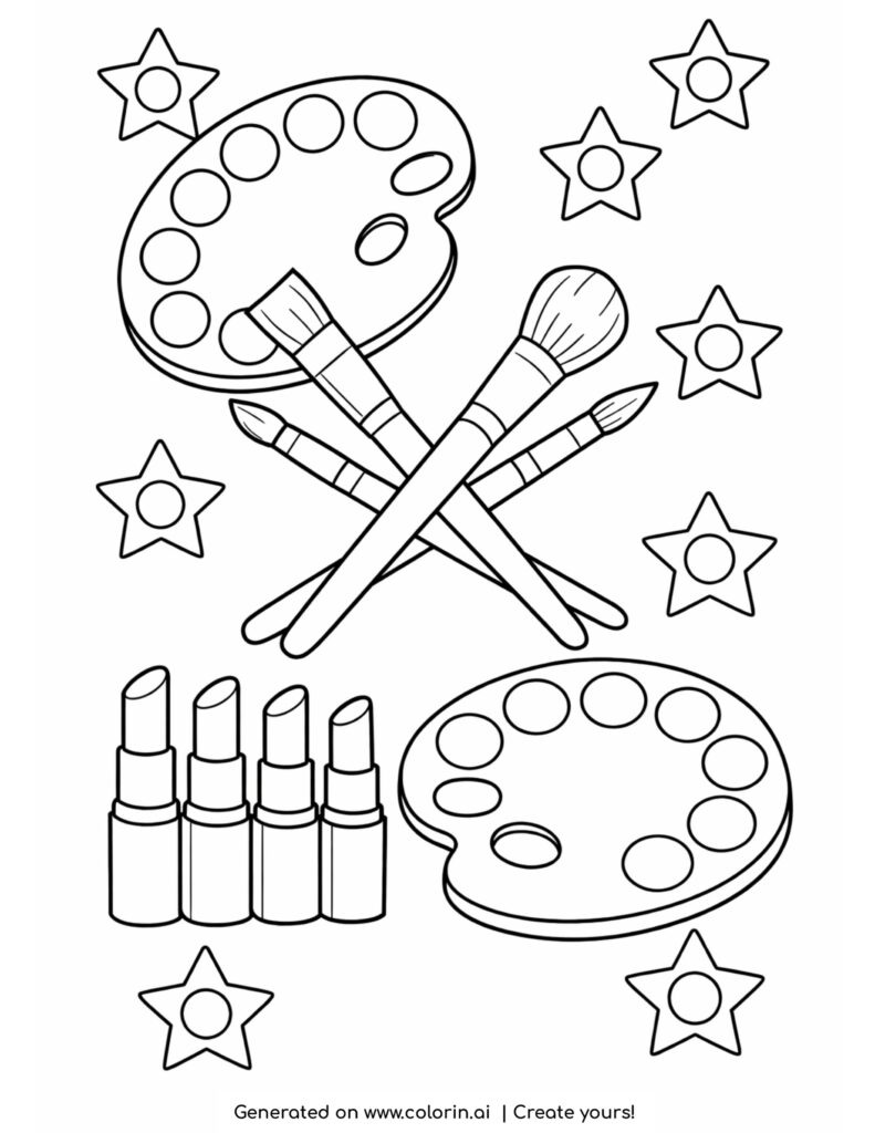makeup palettes with brushes and lipsticks coloring page with stars and crossed brushes