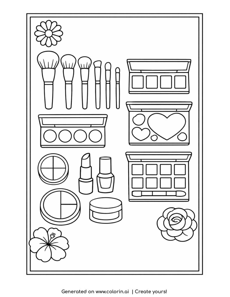 makeup products arranged on table coloring page with brushes and palettes