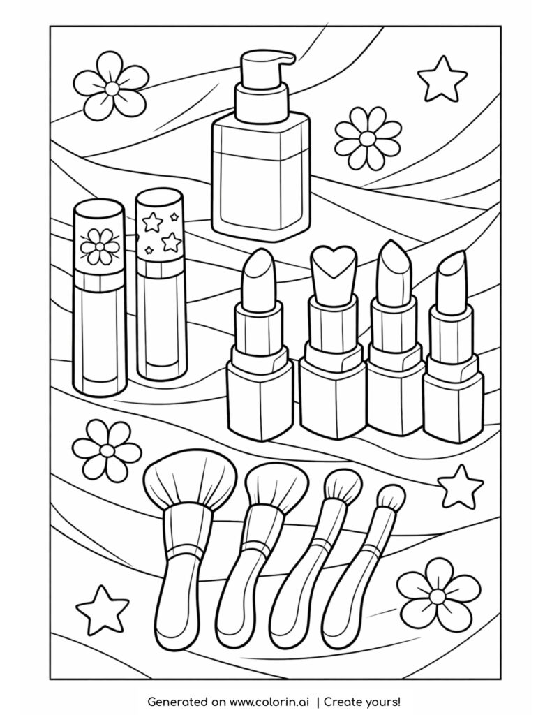 makeup products with lipsticks and brushes coloring page with flowers and stars