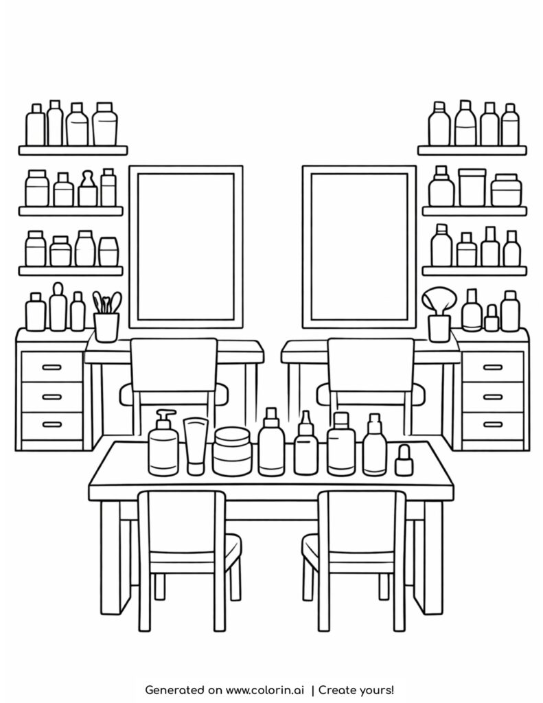 makeup studio with shelves and mirrors coloring page with chairs and cosmetics
