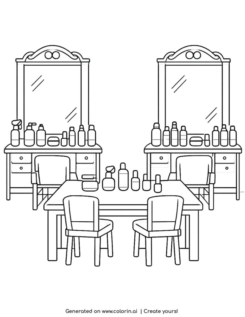 makeup studio with two mirrors coloring page with chairs and cosmetics