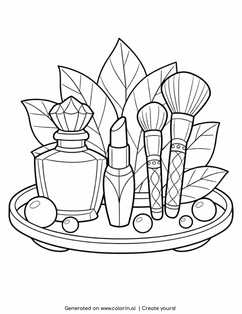 makeup tray with perfume and brushes coloring page with leaves and decorative elements