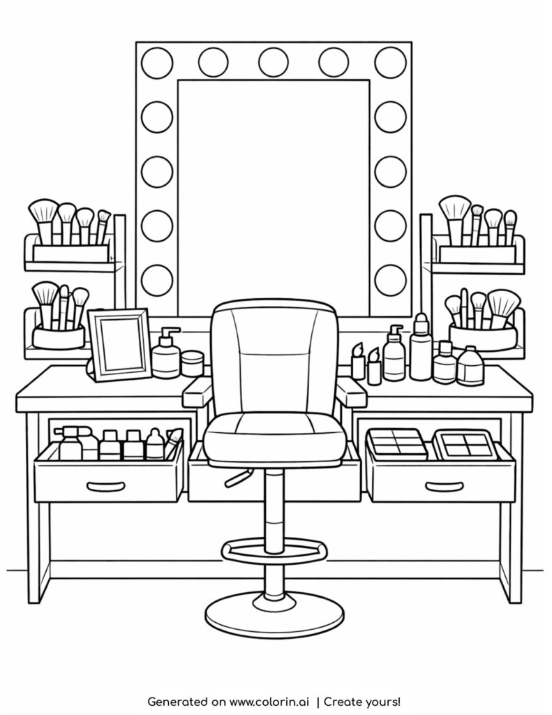 makeup vanity with mirror and chair coloring page with lights and beauty products