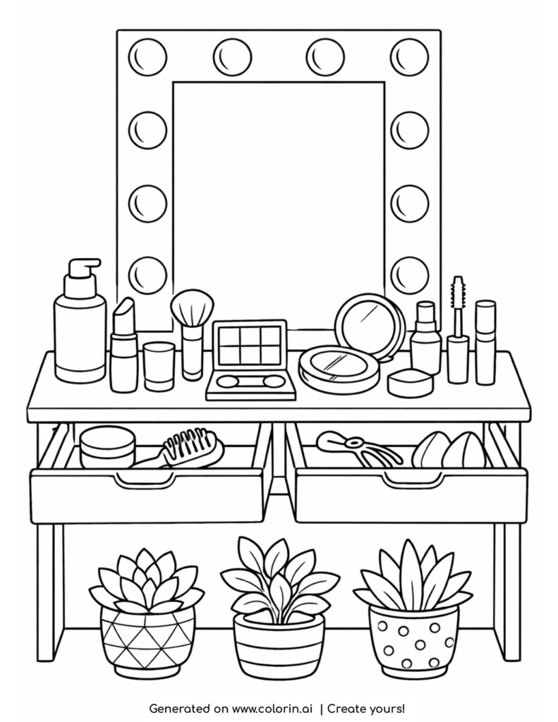 makeup vanity with mirror and cosmetics coloring page with lights drawers and plants