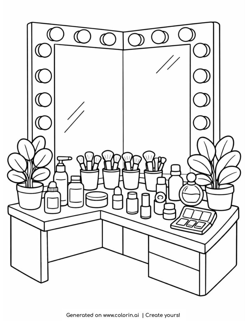 makeup vanity with mirror coloring page with cosmetics neatly arranged on a table