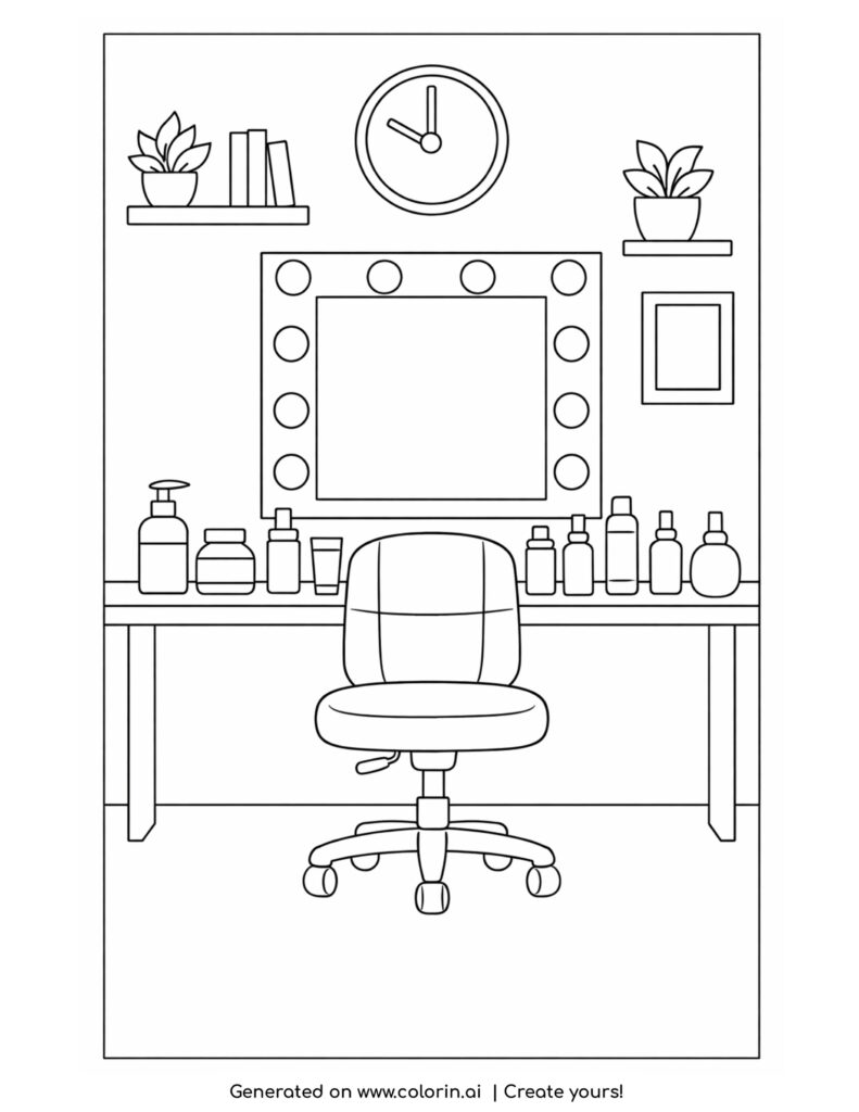 makeup vanity with mirror lights coloring page with chair and decor