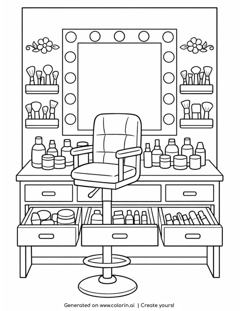 makeup vanity with open drawers and chair coloring page with mirror lights and cosmetics