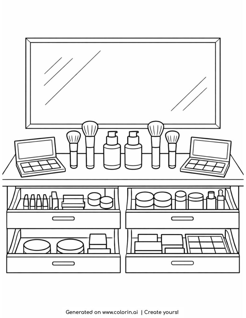 makeup vanity with open drawers coloring page with mirror and cosmetics