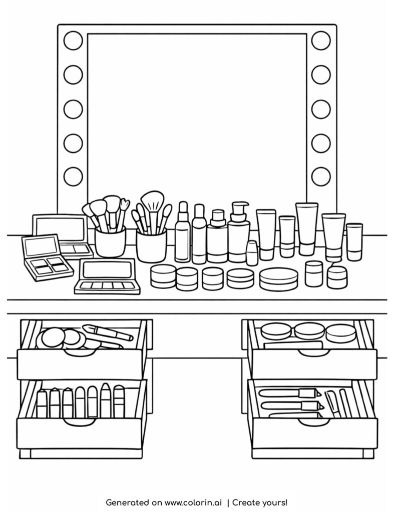 makeup vanity with open drawers coloring page with mirror and cosmetics
