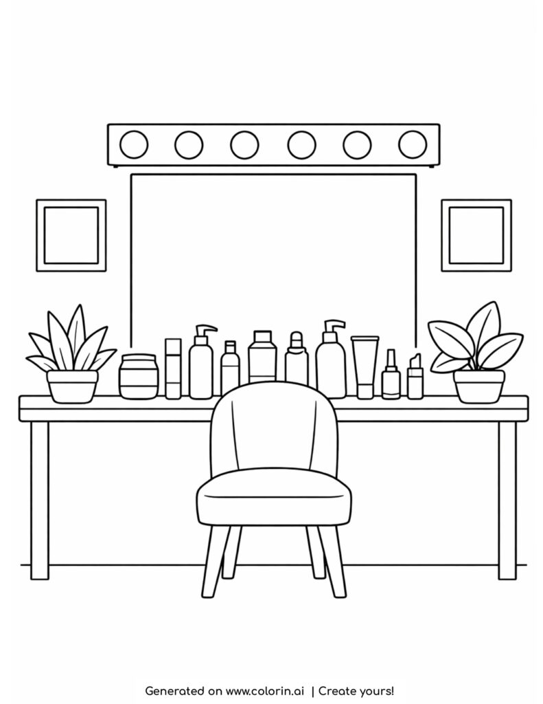 makeup vanity with top lights coloring page with chair and bottles