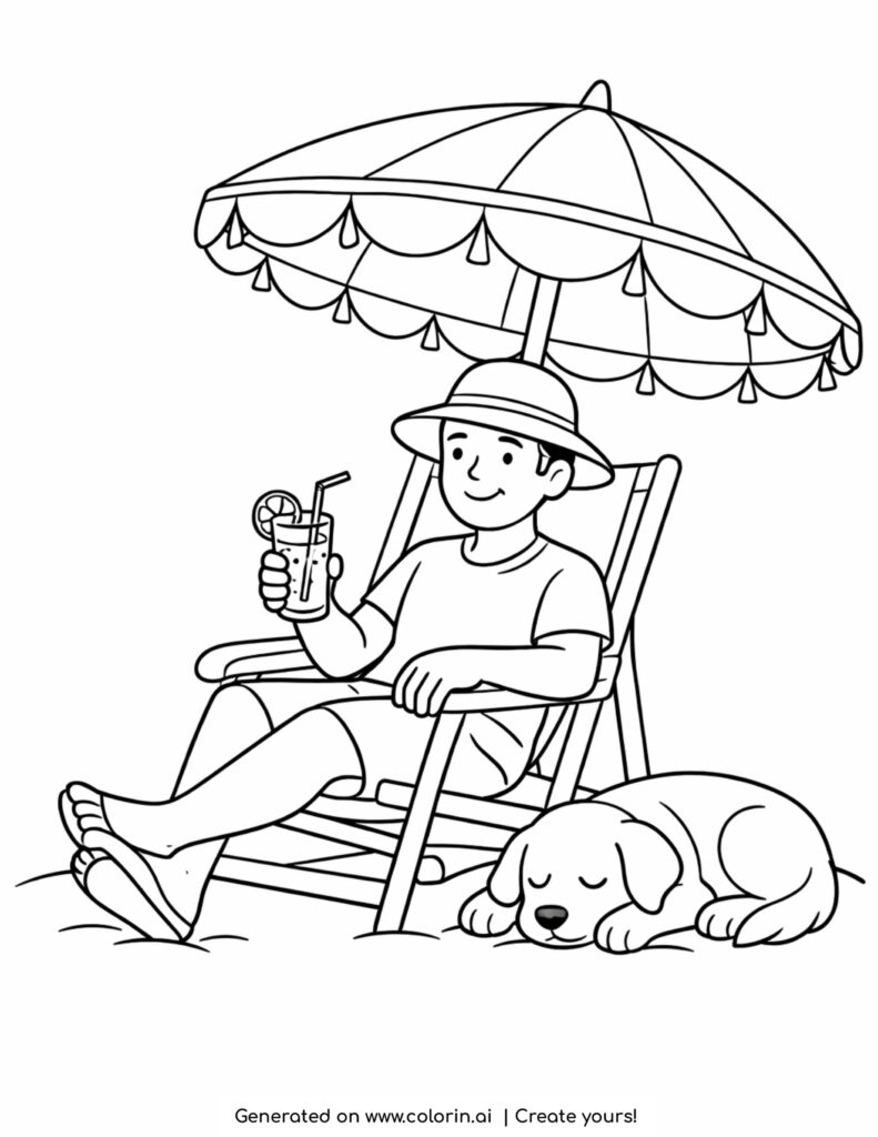 man relaxing under beach umbrella coloring page with dog sleeping beside chair coloring page