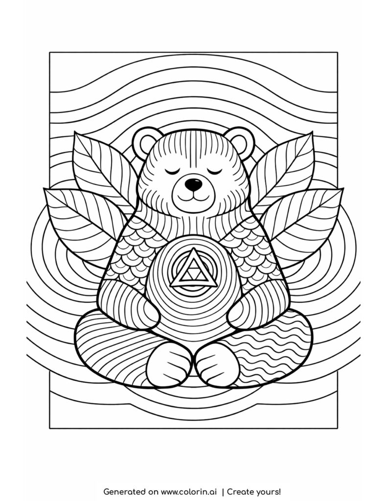 meditating bear with geometric symbol and leaves coloring page